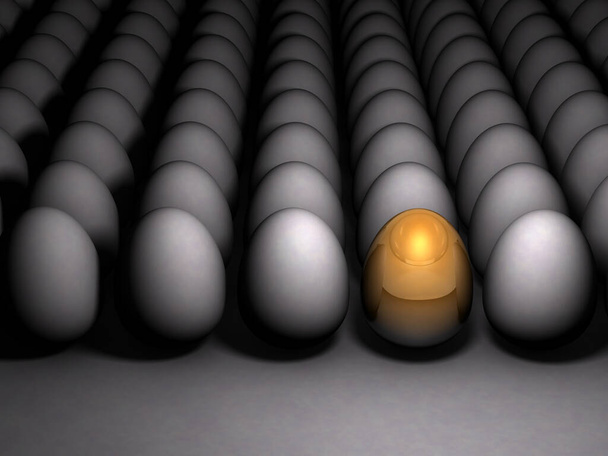 Ένα χρυσό αυγό που ξεχωρίζει. Μελλοντικές δυνατότητες και ελπιδοφόρες επιλογές. Πολλά αυγά είναι παρατεταγμένα το ένα δίπλα στο άλλο. Μια μεταφορά για την επιτυχία. Σκοτεινό φόντο. 3D απόδοση.  - Φωτογραφία, εικόνα