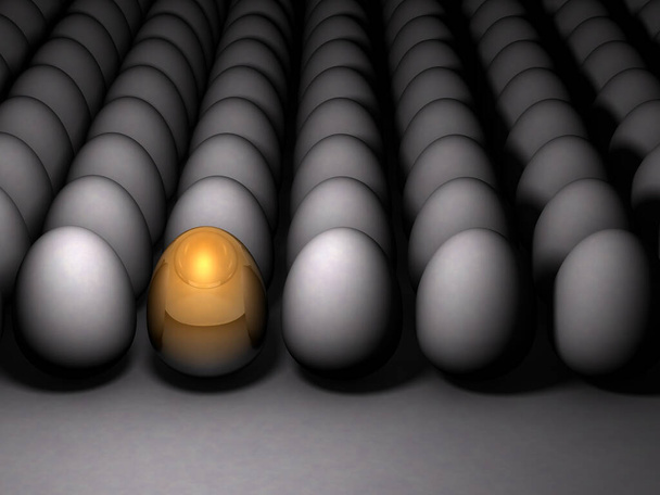 Ein goldenes Ei, das hervorsticht. Zukünftige Möglichkeiten und vielversprechende Optionen. Viele Eier sind nebeneinander aufgereiht. Eine Metapher für den Erfolg. Dunkler Hintergrund. 3D-Rendering.  - Foto, Bild