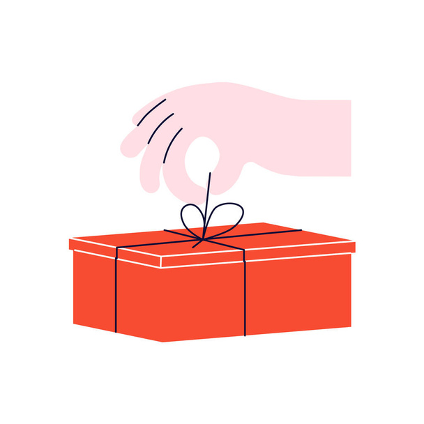 Ludzka ręka trzymająca prezent. Czerwone pudełko na świętowanie świąt - Zdjęcie, obraz