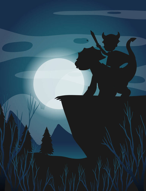 Silhouette Drache und Ritter mit Vollmond Hintergrund Illustration - Vektor, Bild