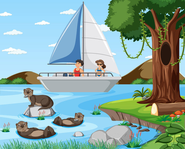 帆船のイラストで旅行者と川の森のシーン - ベクター画像