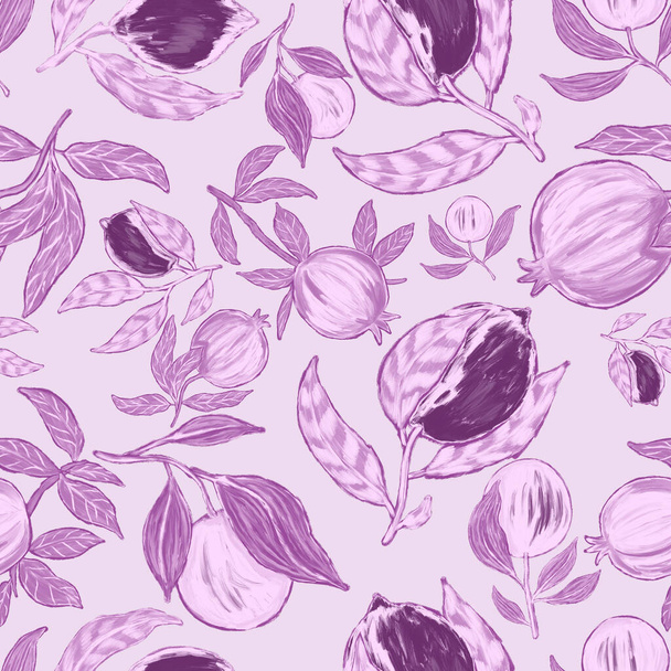 Creatief naadloos patroon met fruit: citroenen, sinaasappels, druiven en granaatappels. Olieverf effect. Heldere zomerprint. Geweldig ontwerp voor elk doel - Foto, afbeelding