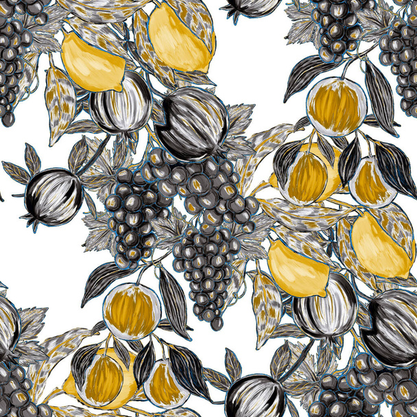Kreatives, nahtloses Muster mit Früchten: Zitronen, Orangen, Trauben und Granatäpfel. Ölfarben-Effekt. Strahlender Sommerdruck. Tolles Design für jeden Zweck - Foto, Bild