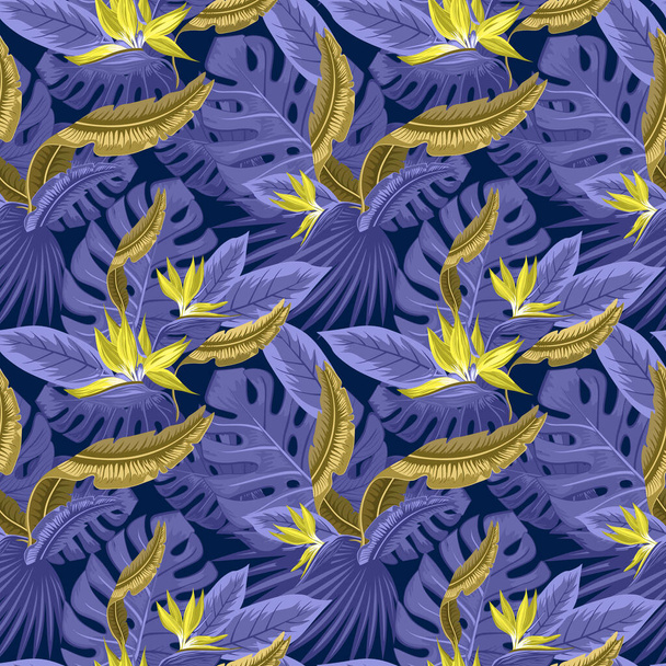 Seamless tropical pattern, vivid tropic foliage, with monstera leaf, palm leaves, bird of paradise flower. Pattern trend design. Palette with the color of the year 2022 Very Peri.   - Foto, Imagen