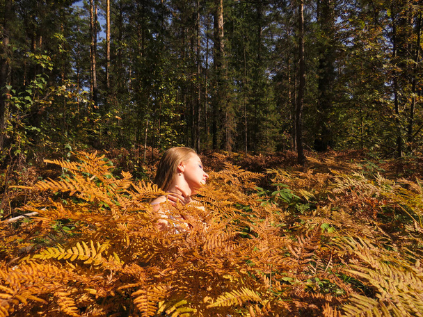 Young blonde woman with bare shoulders in a thicket of yellow ferns in an autumn forest - Foto, imagen
