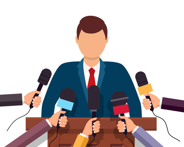 Press conference interview. Microphone of media journalist on press conference. Tv reporter on politics news. Hands holding microphones for man on reportage. Social, politician, business news. Vector. - Vector, Image