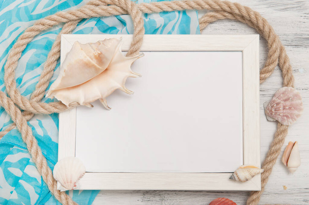 White nautical frame with ropes and seashell - Fotoğraf, Görsel