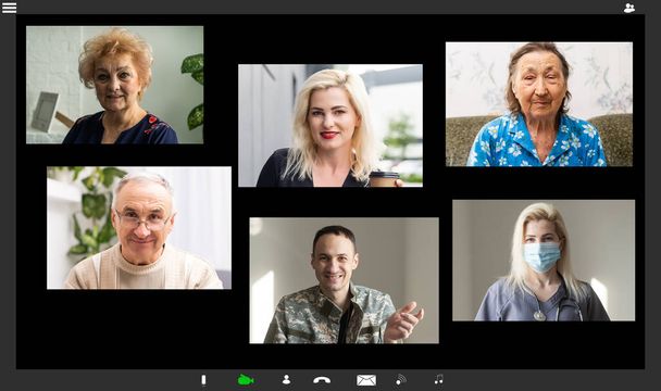 ヘッドショットのポートレートウェブカメラのラップトップ画面は、ビデオ会議、オンライン会議を使用して多様な人々を表示します。グループビデオ通話遠隔コミュニケーションの概念に関与する複数の世代の家族. - 写真・画像