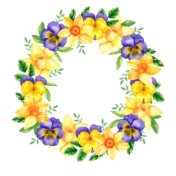 Watercolor spring wreath of flowers - Foto, afbeelding