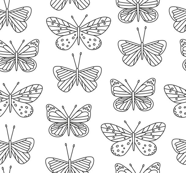 Seamless pattern of cute butterflies. Hand-drawn vector insects, isolated on white background. Line art. Spring season concept, Easter, nature. - Vector, Image