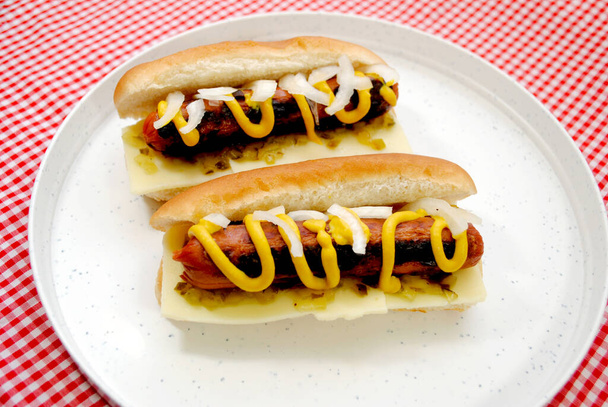 Hot dogy s cibulí, ředkvičkou a hořčicí na talíři - Fotografie, Obrázek