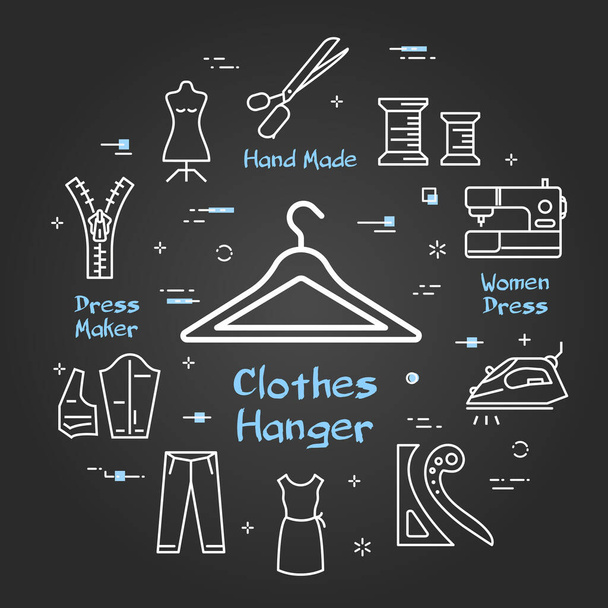 Bannière vectorielle de tailleur et couture - cintre à vêtements sur noir - Vecteur, image