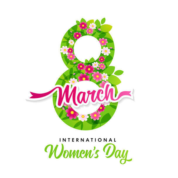 Festa Internazionale della Donna 8 marzo numero di fiori primaverili. Felice giorno delle donne elegante lettering vettoriale su sfondo bianco - Vettoriali, immagini