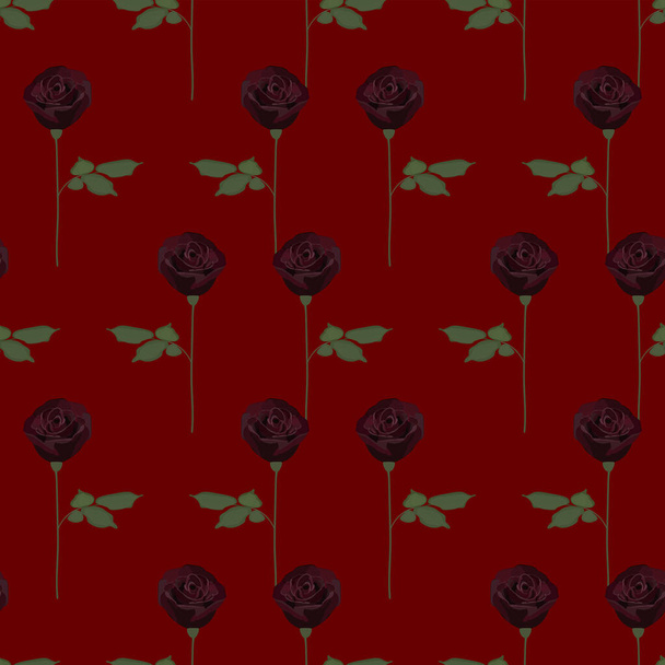 Σκούρα κόκκινα τριαντάφυλλα χωρίς ραφή μοτίβο σε κόκκινο φόντο. Εικονογράφηση διανύσματος eps10. - Διάνυσμα, εικόνα