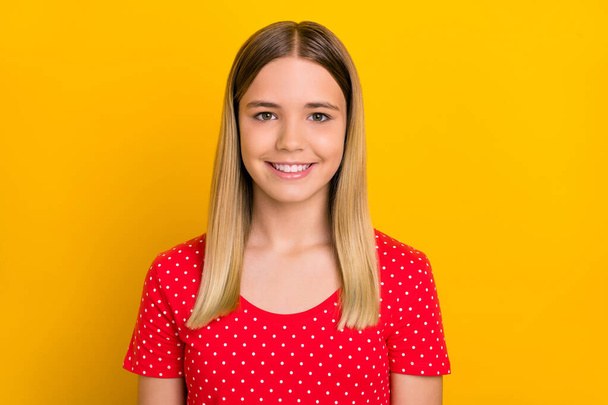 Photo of satisfied friendly girl toothy beaming smile look camera isolated on yellow color background - Φωτογραφία, εικόνα