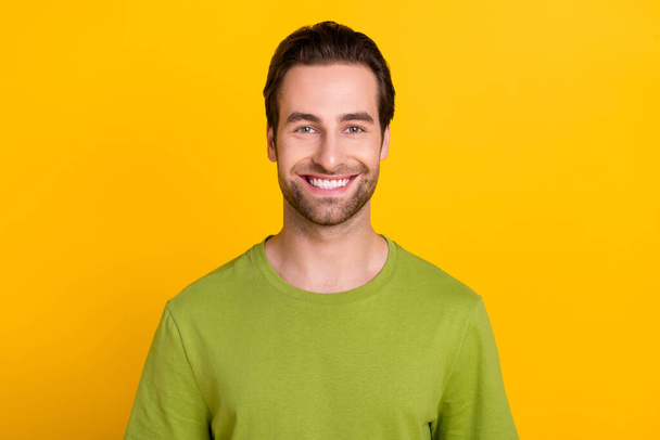 Photo of youth cheerful man toothy smile visit dentist oral care whitening isolated over yellow color background - Photo, Image