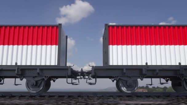 Container mit der Flagge Indonesiens. Eisenbahnverkehr - Filmmaterial, Video