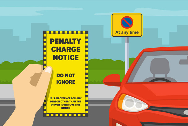 Hand holding violation ticket. Restricted parking area. No parking at any time road sign. Flat vector illustration template. - Vector, Image