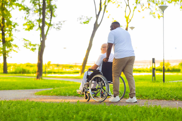 Caregiver and old man in a wheelchair. Professional nurse and patient walking outdoor in the park at sunset. Assistance, rehabilitation and health care. - Zdjęcie, obraz