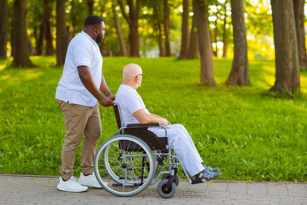 Caregiver and old man in a wheelchair. Professional nurse and patient walking outdoor in the park at sunset. Assistance, rehabilitation and health care. - Foto, Bild