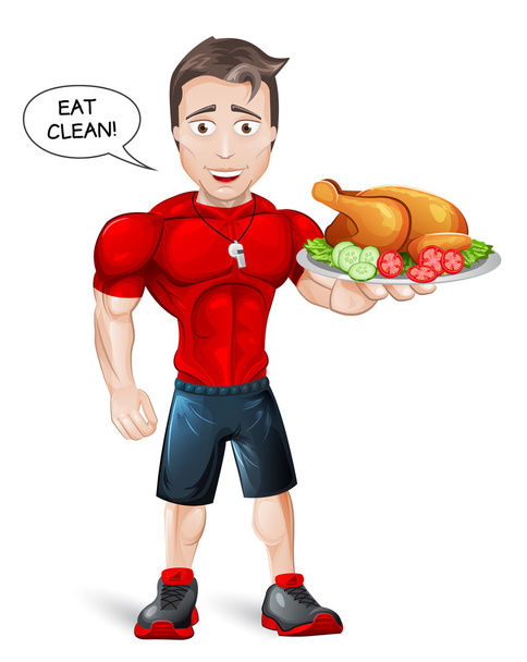 Cartoon Fitness Coach mit gesunder Mahlzeit - Vektor, Bild