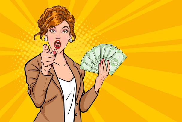 gesto obchodní žena držet peníze a ukazující prstem v retro pop art comic stylu - Vektor, obrázek