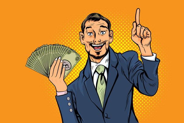 business Man show peníze ukazující prst dostat nápad retro v pop art comics stylu. - Vektor, obrázek