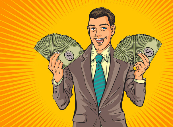 Pop Art komiksy Udane szczęśliwy Business man świętuje w Falling Down Money.Business koncepcja odnoszącego sukcesy człowieka biznesu na rolkach pieniędzy Finansowy zysk zamożności - Wektor, obraz
