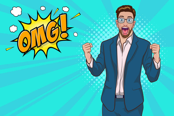 surprised businessman in glasses hands up fist say OMG for success Pop Art Comic Style - Vector, Image