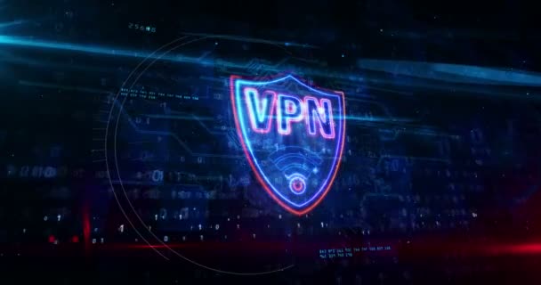 VPN neon sign concept, virtueel privé netwerksymbool, beveiligingsverbinding, encryptie tunnel verbindingstechnologie. Futuristische 3D weergave animatie. Neon schets op abstracte achtergrond. - Video