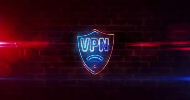 Koncept neonové značky VPN, symbol virtuální privátní sítě, zabezpečovací připojení, šifrovací tunel připojovací technologie text na cihlové zdi smyčky. 3D vykreslování smyčky a bezešvé abstraktní animace. - Záběry, video