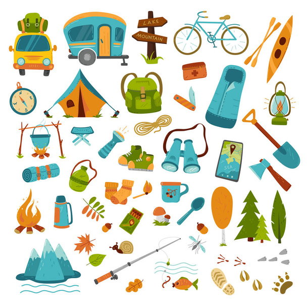 Collecting items and equipment for a hike: a tent, a backpack, a sleeping bag, sneakers, matches, a fishing rod and much more. Vector isolated on a white background. - Vector, Image