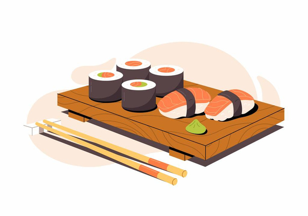 Vector illustration of sushi and sashimi. Asian food sushi on wooden board with sushi chopsticks and wasabi. Sushi illustration with trout fish, salmon in trendy minimalism style. - Vector, Imagen