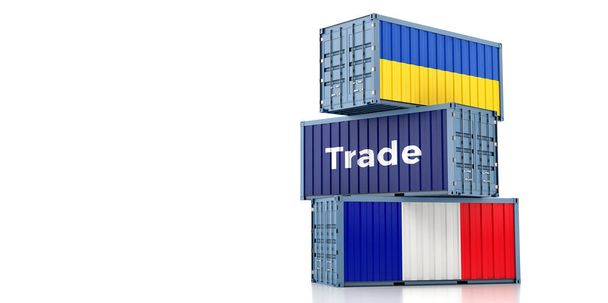 Freight containers with France and Ukraine national flags. 3D Rendering  - Fotoğraf, Görsel