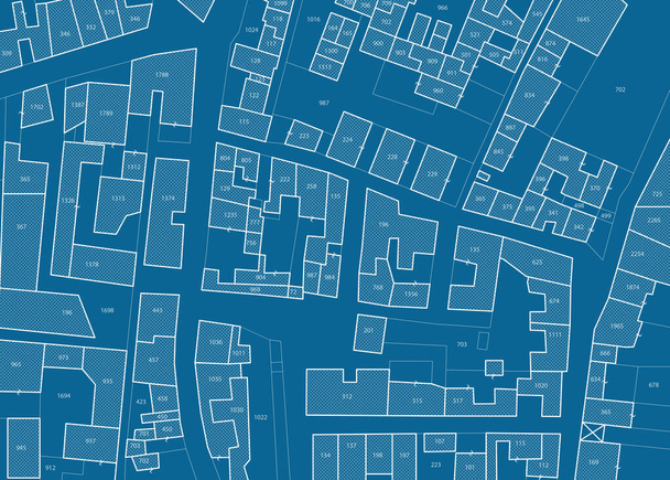 Φανταστικός κτηματολογικός χάρτης του εδάφους με κτίρια, δρόμους και αγροτεμάχια - εικονογράφηση έννοια κτηματολογίου - σημείωση: το φόντο χάρτη είναι εντελώς εφευρέθηκε και δεν αντιπροσωπεύει καμία πραγματική θέση. - Φωτογραφία, εικόνα