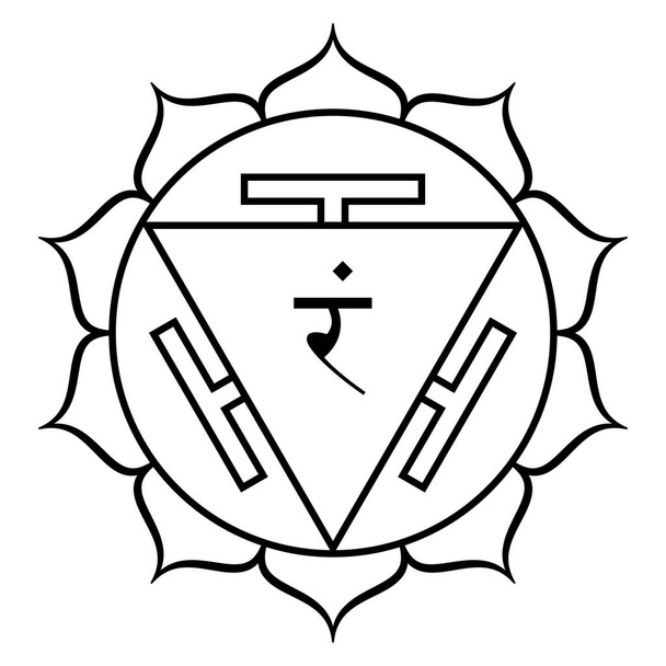Manipura, Navel chakra, meaning city of jewels. Traditional representation of the third primary chakra, located above the navel. Lotus with 10 petals, a fire triangle, and the seed syllable Ram, fire. - Vector, afbeelding