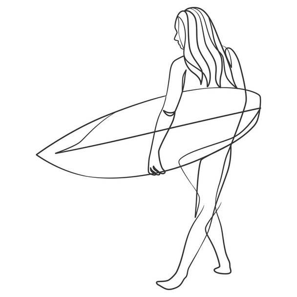 Continuous line drawing of a surfer girl with a surfboard, One line drawing of a surfer girl - Vector, Imagen