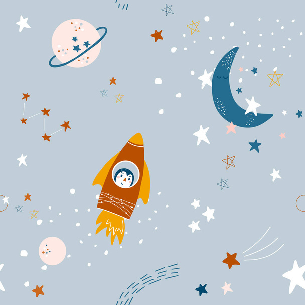 Roztomilý bezproblémový vzor s raketami, hvězdami, měsícem a planetami. Vektorové dítě kosmické pozadí v jednoduchém ručně kresleném stylu. Hodí se pro dekoraci interiérů, tkaniny, dětské oblečení, dětský koutek. - Vektor, obrázek