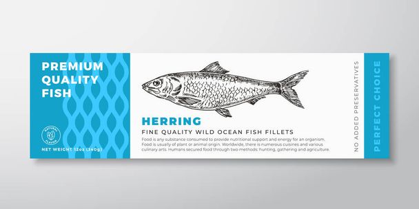 Premium Quality Herring Vector Packaging Label Design Modern Typography and Hand Drawn Fish Silhouette Seafood Product Background Layout - Vector, Imagen