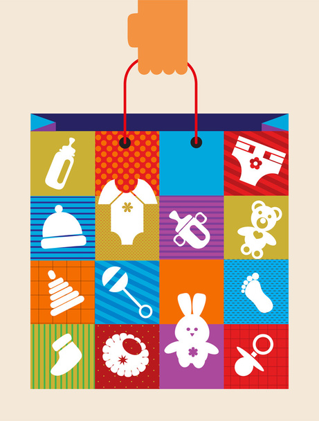 hand holding baby shopping bag with toy and cloth icons - Вектор, зображення