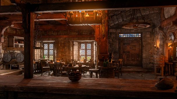 Середньовічний інтер'єр таверни, освітлений свічками та денним світлом через вікна. 3D ілюстрація
. - Фото, зображення