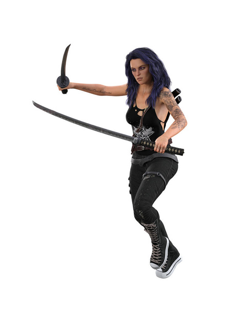 Joven mujer guerrera de fantasía urbana gótica luchando con dos espadas katana. Ilustración 3D aislada sobre fondo blanco. - Foto, Imagen