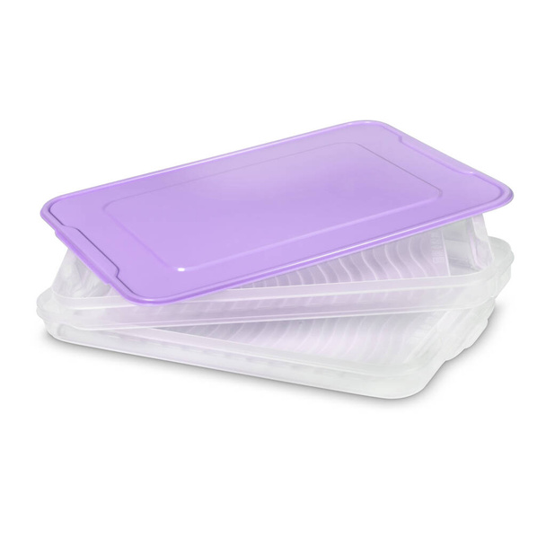Plastic food storage container with open purple lid isolated on white background - Photo, Image