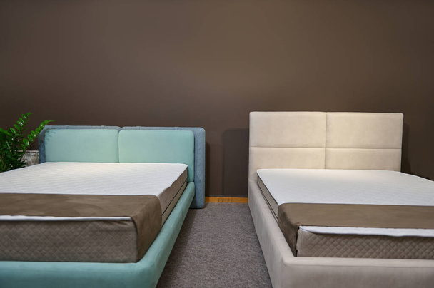 Две современные стильные розовый и синий пастельный велюр двуспальные кровати с ортопедическими жесткими матрасами, на дисплее в выставочном зале мебельного магазина - Фото, изображение