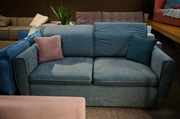 Furniture store with sofas and couches on display for sale, copy space. Furniture store showroom interior. Stylish blue settee with pink cushions in the showroom of upholstered furniture. - Zdjęcie, obraz