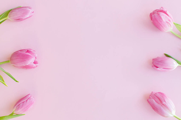 Roze tulpen plat op roze achtergrond. Bloemen wenskaart template met ruimte voor tekst. Stijlvolle minimale tedere lente banner. Gelukkige vrouwendag. Fijne Moederdag. Hallo lente - Foto, afbeelding