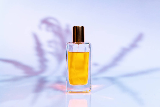 Transparente rechteckige Flasche mit goldenem Parfüm auf weißem Hintergrund mit Sonnenlicht und Blätterschatten. Vorlage für Parfümerie im minimalen Stil. Kopierraum - Foto, Bild