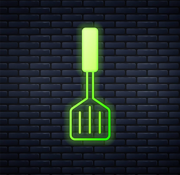 Parlayan neon renkli Spatula simgesi tuğla duvar arkasında izole edilmiş. Mutfak spatula ikonu. Barbekü spatula işareti. Barbekü ve ızgara aleti. Vektör - Vektör, Görsel