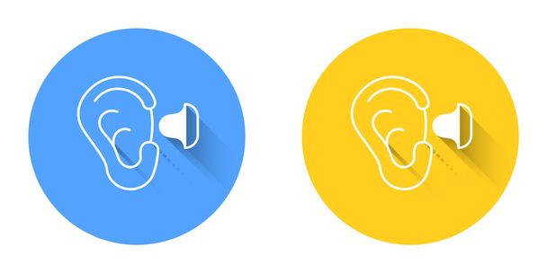 White Earplugs and ear icon isolated with long shadow background. Ear plug sign. Noise symbol. Sleeping quality concept. Circle button. Vector - Vector, Image