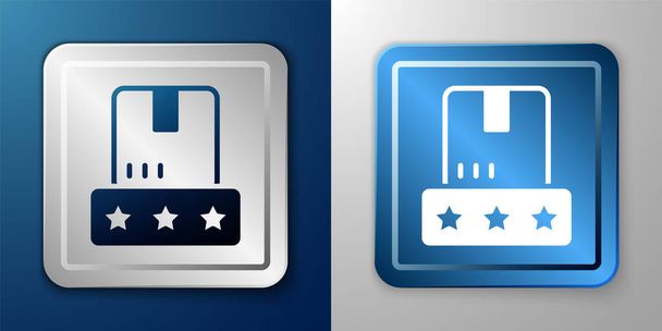 Icono de calificación de producto de consumidor o cliente blanco aislado sobre fondo azul y gris. Botón cuadrado plateado y azul. Vector - Vector, Imagen